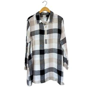 Match Point 100% Linen Henley Tunic Sz S Black White Plaid 3/4 Sleeves‎ Pockets